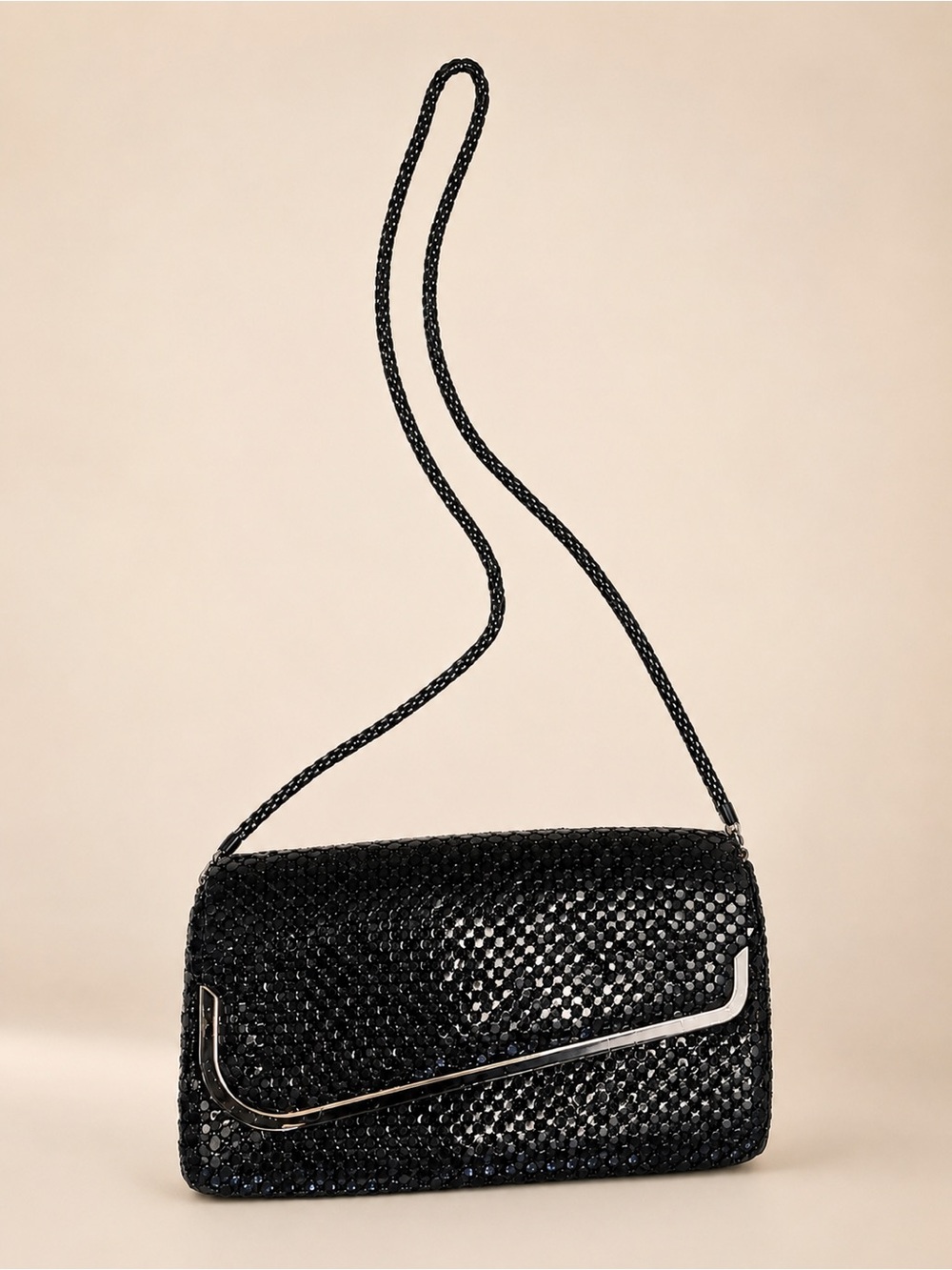 VTG Black Metal Sequin Mesh Clutch w Metallic Flap Trim & Removable Mesh Strap - Picture 12 of 16